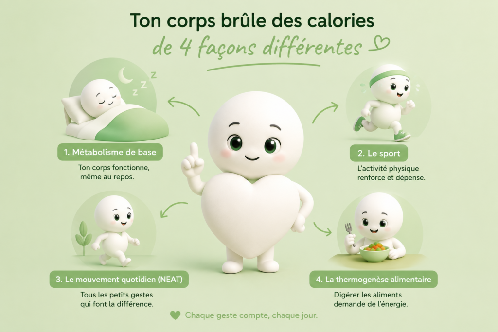 Illustration expliquant les 4 façons dont le corps brûle des calories : métabolisme de base, activité physique, mouvement quotidien (NEAT) et thermogenèse alimentaire.
